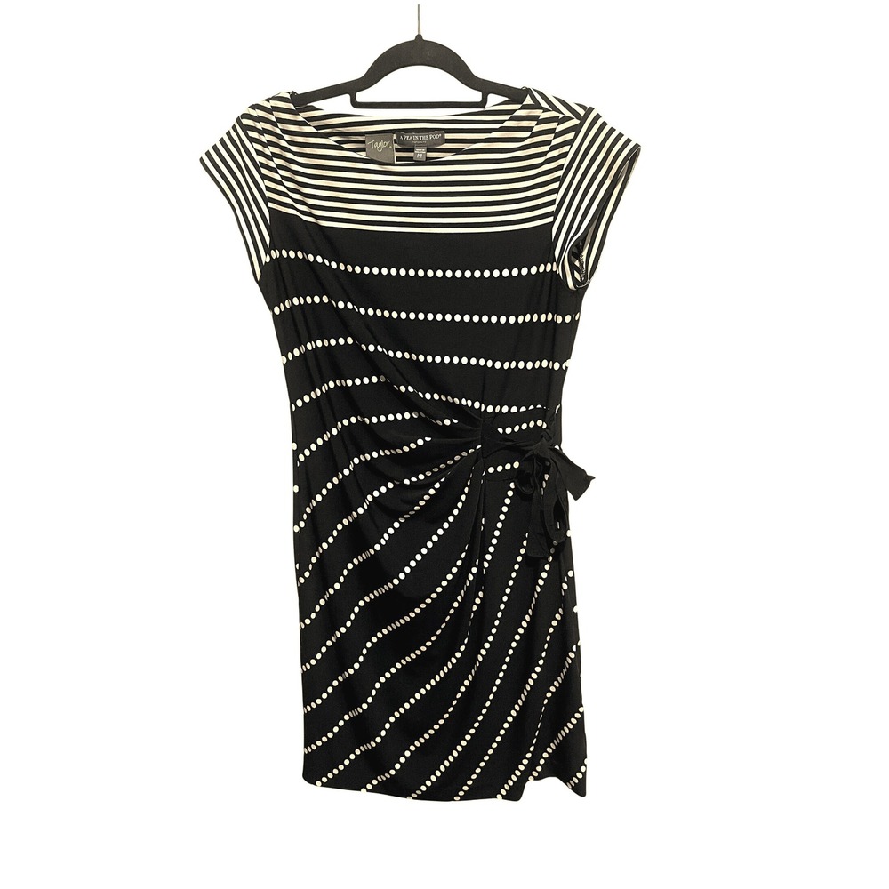 Taylor for A Pea In The Pod M Faux Wrap Dress Cap Sleeves Polka Dots Black Beige